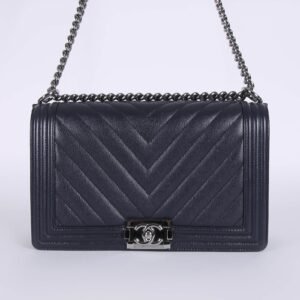 Chanel - Large Boy Flap Bag Chevron Caviar Navy