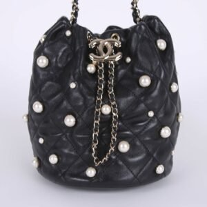 Chanel - Pearl Studded Lambskin Drawstring Bag Black