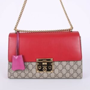 Gucci - Padlock Medium GG Supreme & Calfskin Shoulder Bag Red/Fuchsia