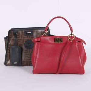 Fendi - Peekaboo Mini Lambskin Bag with Zucca Defender Cover Red/Brown