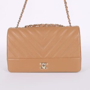 Chanel - Double Stitch Chevron Lambskin Flap Bag Brown
