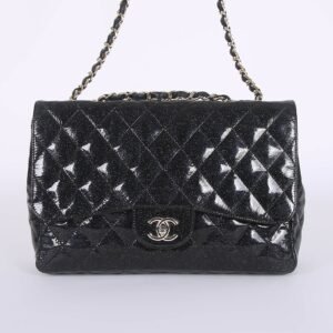 Chanel - Large Jumbo Classic Single Flap Bag Glitter Patent Noir