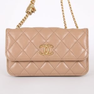 Chanel - Flap Lambskin Phone Holder with Chain Beige