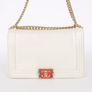 Chanel - Large Boy Flap Bag Cube Embossed Lambskin Pearl White