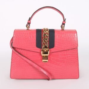 Gucci - GG Sylvie Medium Crocodile Leather Top Handle Bag with Strap Pink