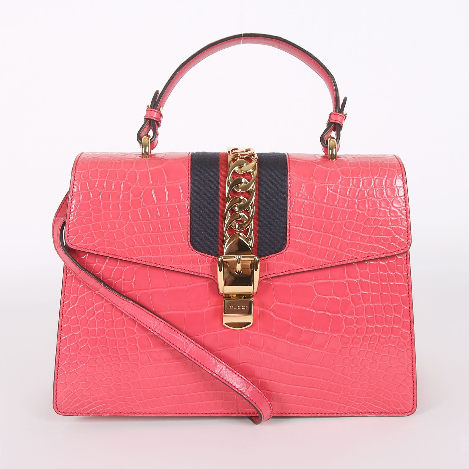 Gucci - GG Sylvie Medium Crocodile Leather Top Handle Bag with Strap Pink