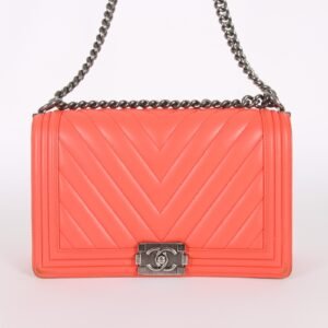 Chanel - Large Boy Flap Bag Chevron Calfskin Coral